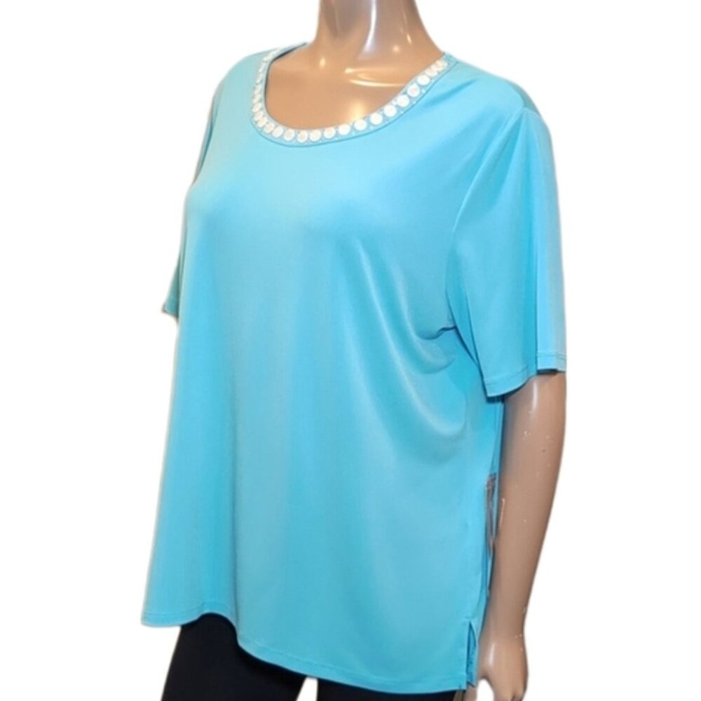 NEW Tanjay Aqua Blue Short Sleeve Top Embellished Beaded Rhinestone Resort